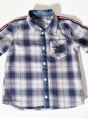 GUESS Kids Boys Plaid Short Sleeve Button Up Shirt Stripe Detail 3T Designer